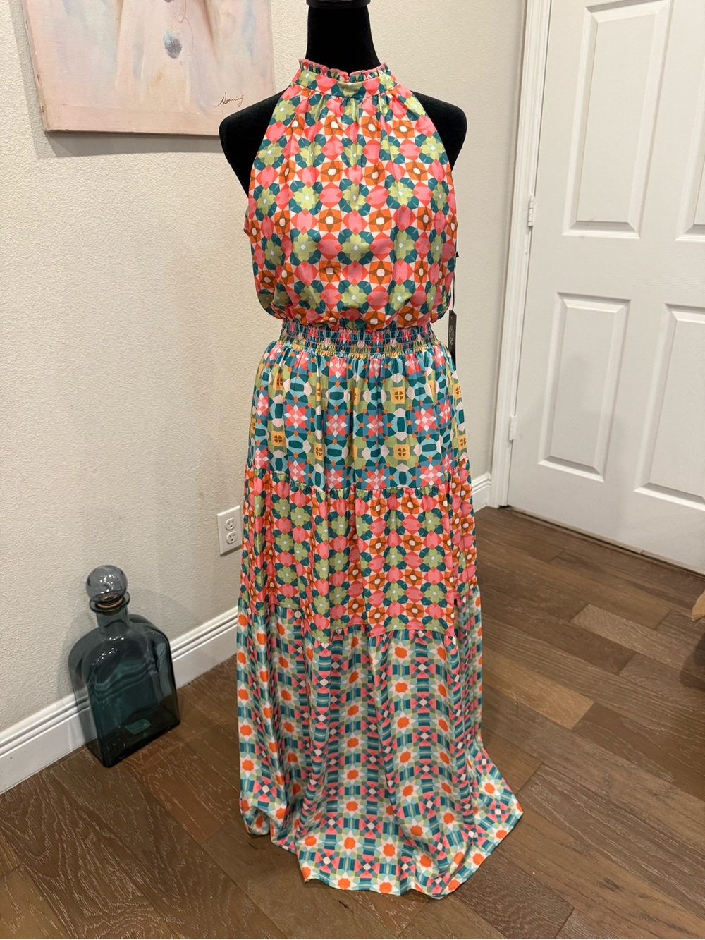 Vince Camuto Coral, Teal & Cream Geometric Halter Maxi Dress